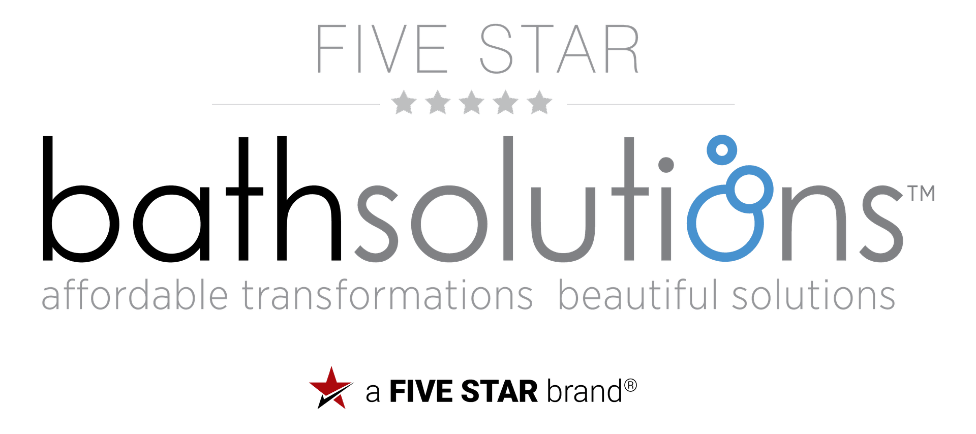 Five Star Solutions logo featuring five stars, company name with blue circular design accent, and tagline affordable transformations beautiful solutions