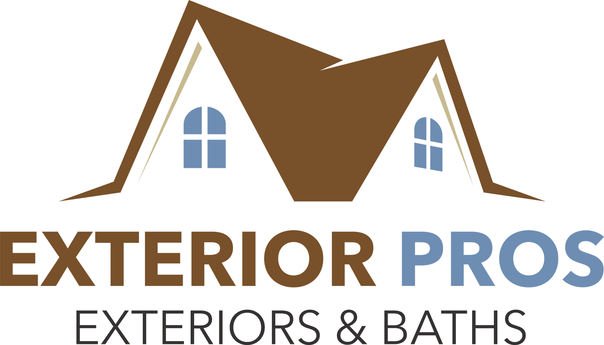 Exterior Pros logo featuring a brown pitched-roof house with blue windows and company name for exterior and bath services