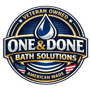 One and Done Bath Solutions veteran-owned business logo with water droplet and American flag emblem